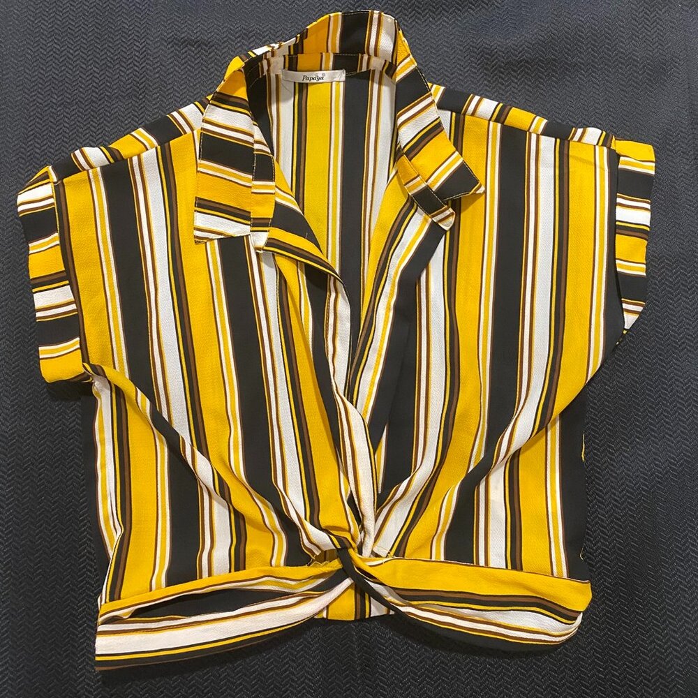 Papaya Retro Striped Crop Disco Blouse - Yellow & Black - Size S/M